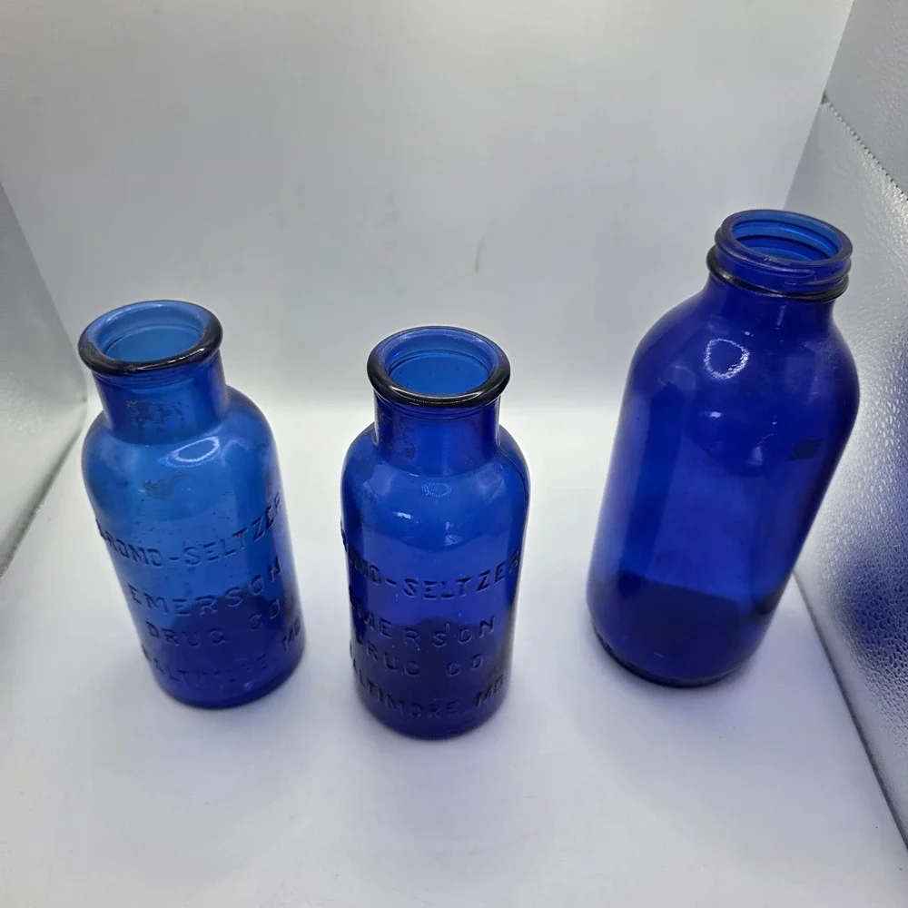 Antique Bromo Seltzer Emerson Drug Co Baltimore Cobalt Blue Bottles Lot of 3